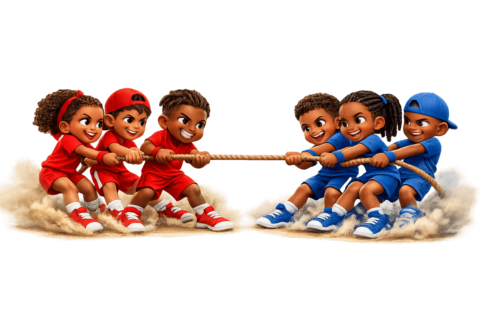 Red and Blue teams in a tug-of-war battle